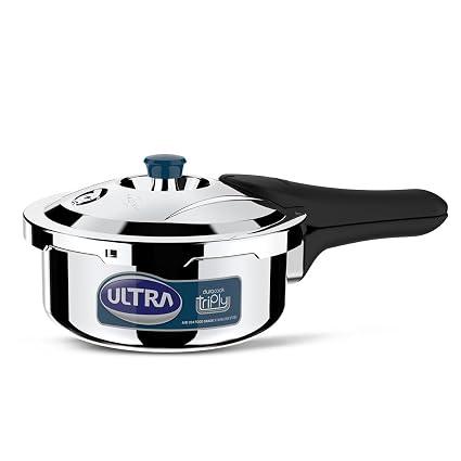 ULTRA Duracook Triply 1.5 L Pressure Cooker |AISI 304 Food Grade Stainless Steel Cooker,Froth Collector,Solid Bakelite Handles,Induction Compatible,Broad Base,5Years Warranty