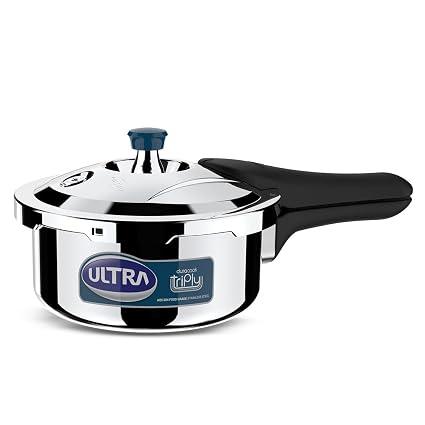 Ultra Duracook Triply Pressure Cooker 2 Litre | AISI 304 Food Grade Stainless Steel Cooker | 5 Years Warranty | Injection Moulded Handles | Induction Compatible | SCTS Base