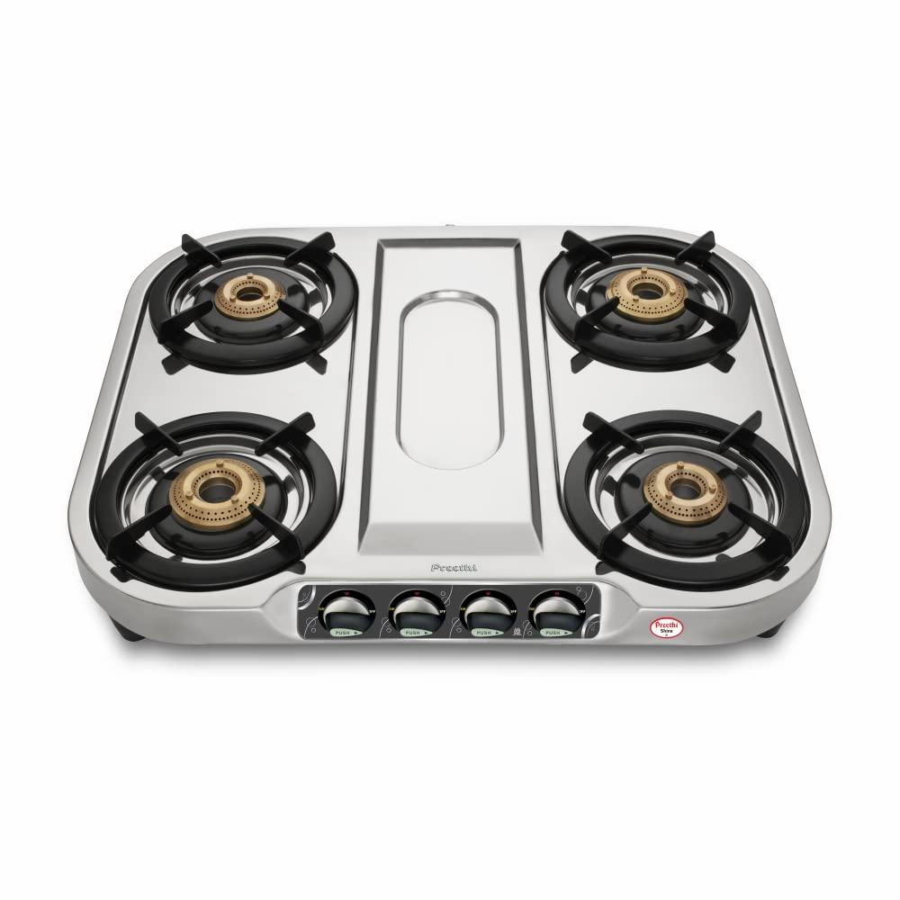 Preethi Shine SSGS008 Stainless Steel Gas Stove 4 Burners I Manual Ignition I ISI Certified I 2 Year Warranty